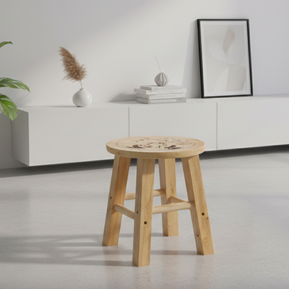 Traditional Chinese Solid Wood Round Stool Panda Pattern Finish Low Stool For Living Room Bedroom & Entryway