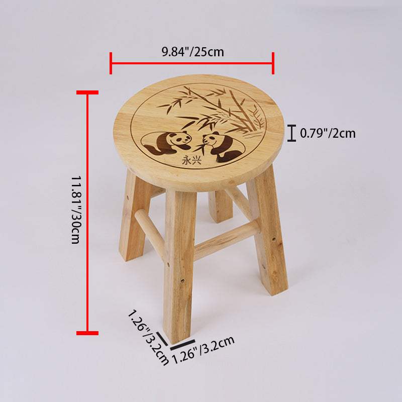 Traditional Chinese Solid Wood Round Stool Panda Pattern Finish Low Stool For Living Room Bedroom & Entryway