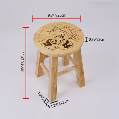 Traditional Chinese Solid Wood Round Stool Panda Pattern Finish Low Stool For Living Room Bedroom & Entryway