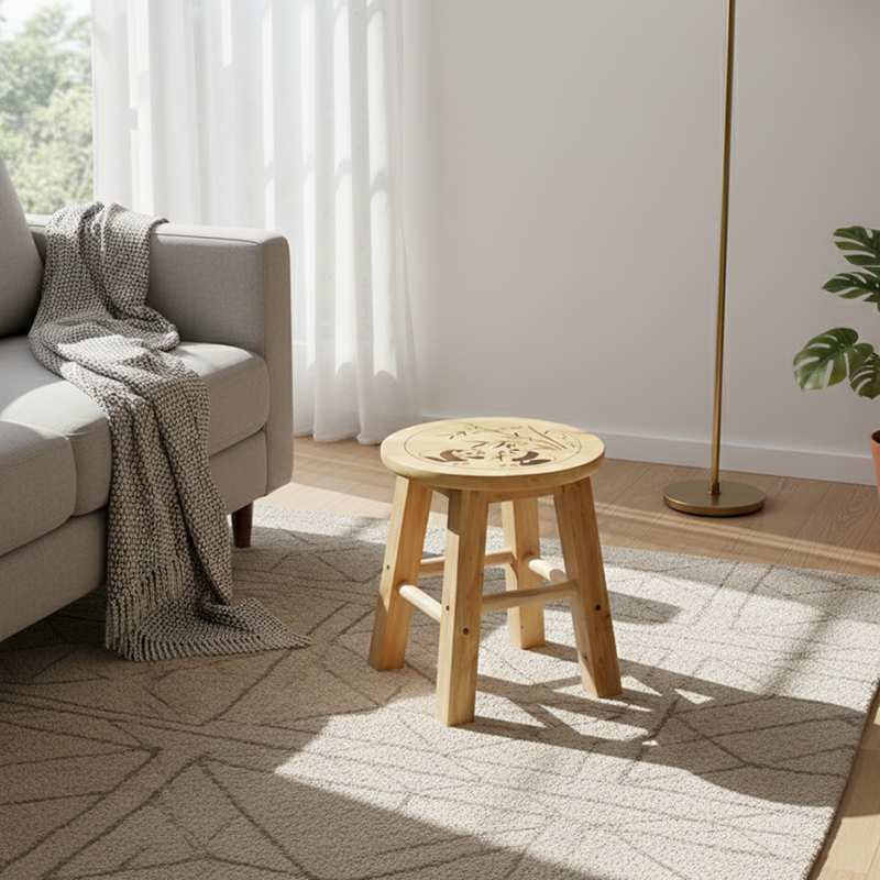 Traditional Chinese Solid Wood Round Stool Panda Pattern Finish Low Stool For Living Room Bedroom & Entryway