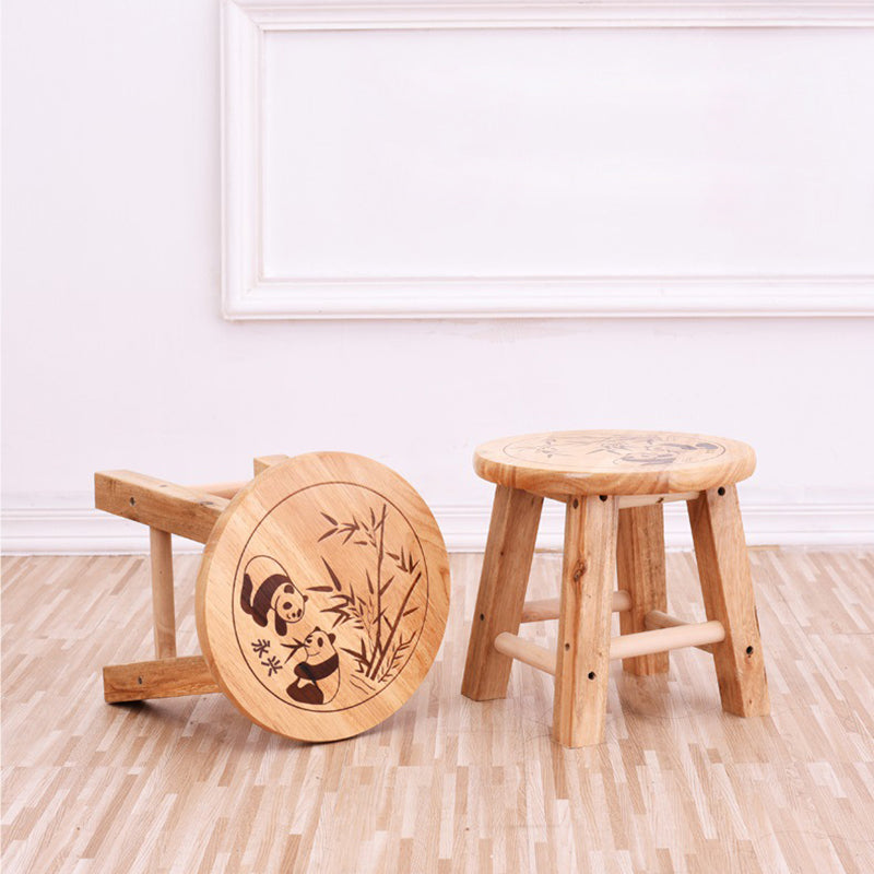Traditional Chinese Solid Wood Round Stool Panda Pattern Finish Low Stool For Living Room Bedroom & Entryway