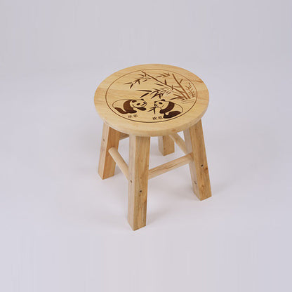 Traditional Chinese Solid Wood Round Stool Panda Pattern Finish Low Stool For Living Room Bedroom & Entryway