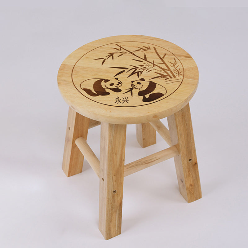 Traditional Chinese Solid Wood Round Stool Panda Pattern Finish Low Stool For Living Room Bedroom & Entryway