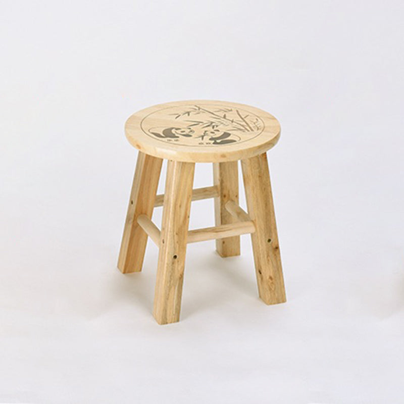 Traditional Chinese Solid Wood Round Stool Panda Pattern Finish Low Stool For Living Room Bedroom & Entryway