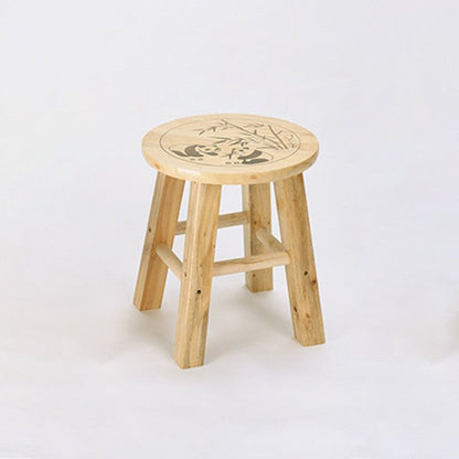 Traditional Chinese Solid Wood Round Stool Panda Pattern Finish Low Stool For Living Room Bedroom & Entryway