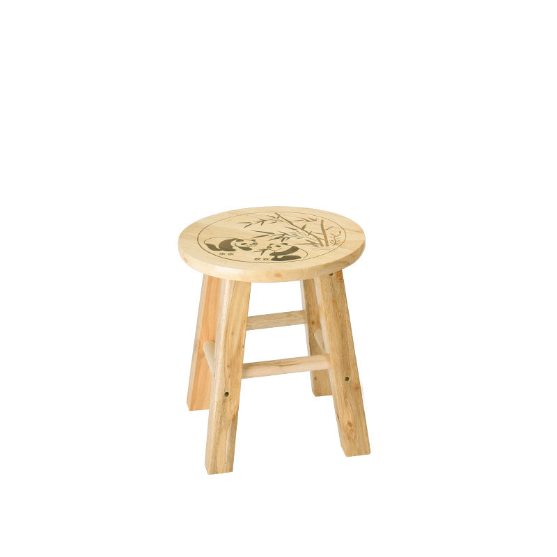 Traditional Chinese Solid Wood Round Stool Panda Pattern Finish Low Stool For Living Room Bedroom & Entryway