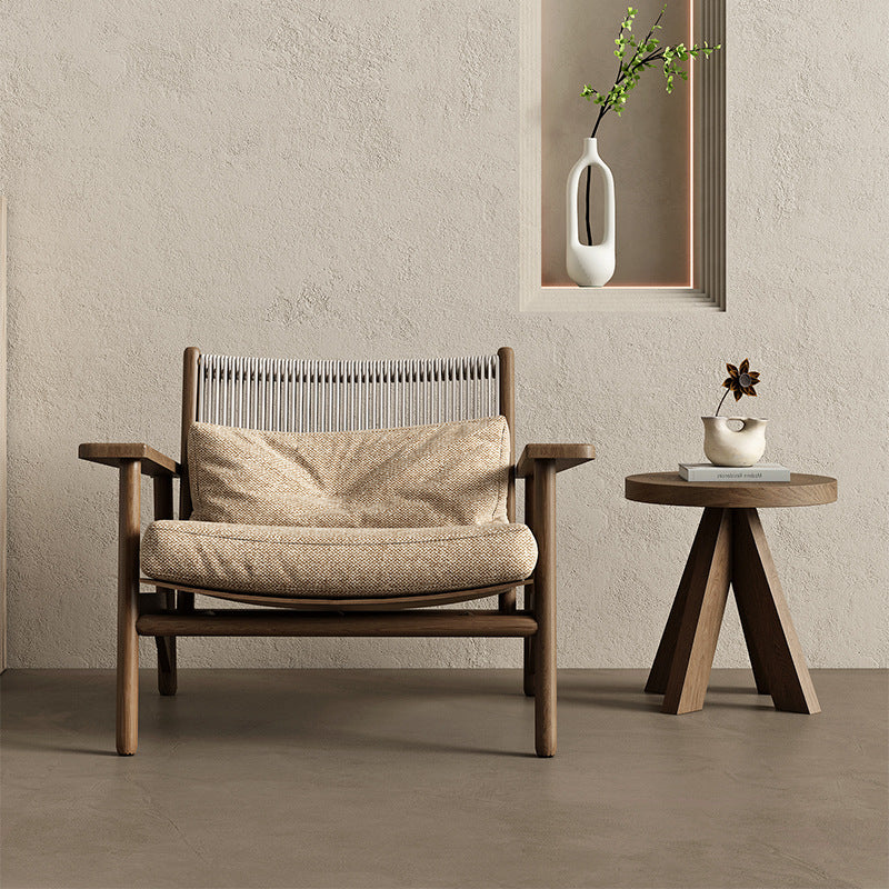 Modern Minimalist Ash Wood PU Leather Linen Sponge Rectangular Accent Chair With Backrest Armrests For Living Room And Bedroom
