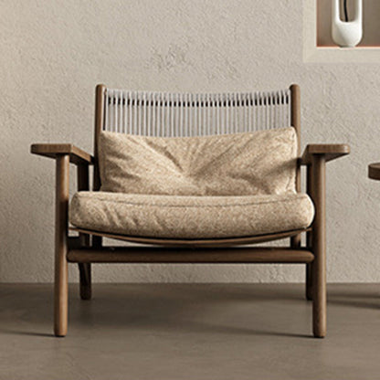 Modern Minimalist Ash Wood PU Leather Linen Sponge Rectangular Accent Chair With Backrest Armrests For Living Room And Bedroom