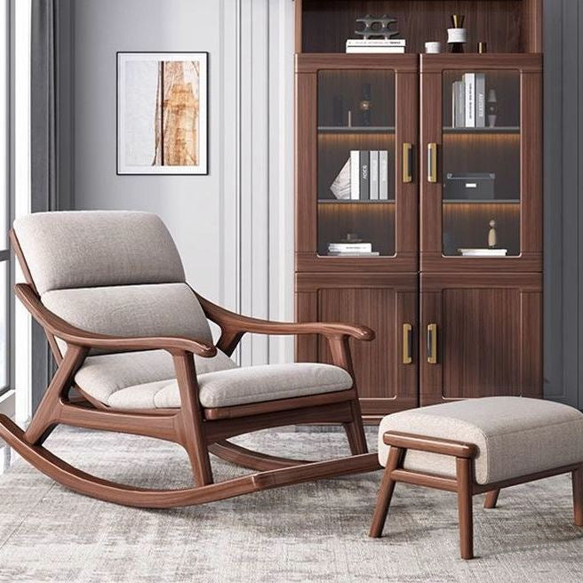 Modern Minimalist Oak Linen Ergonomic Backrest Rocking Chair With Armrests For Living Room And Bedroom