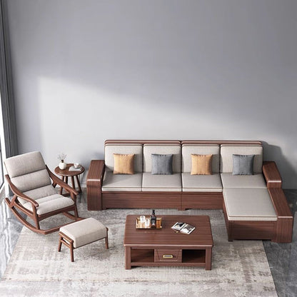 Modern Minimalist Oak Linen Ergonomic Backrest Rocking Chair With Armrests For Living Room And Bedroom