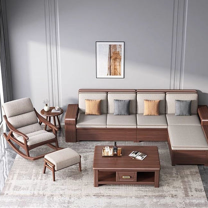 Modern Minimalist Oak Linen Ergonomic Backrest Rocking Chair With Armrests For Living Room And Bedroom