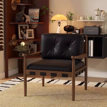 Traditional Vintage Square Rectangular Cat Scratch Leather Rubberwood Removable Accent Chair Backrest Armrest For Living Room