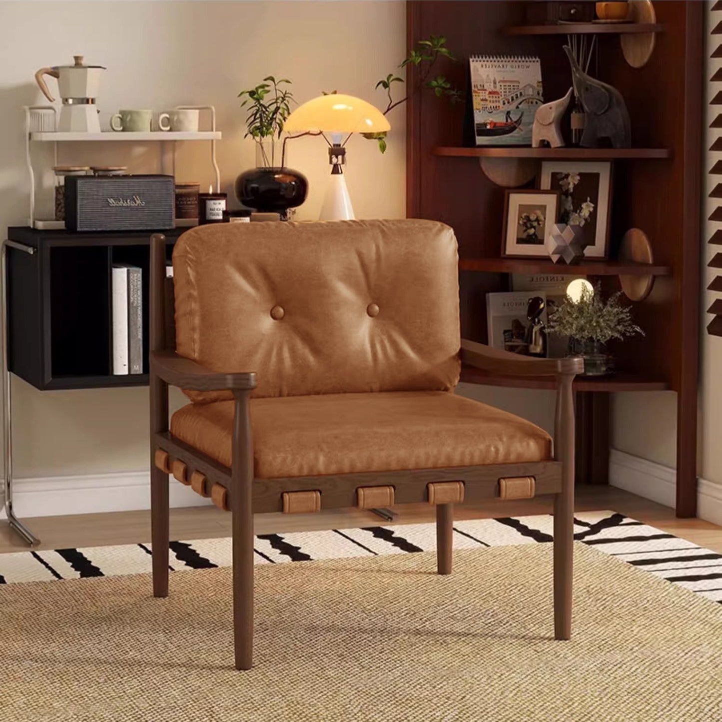 Traditional Vintage Square Rectangular Cat Scratch Leather Rubberwood Removable Accent Chair Backrest Armrest For Living Room