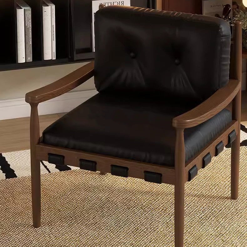 Traditional Vintage Square Rectangular Cat Scratch Leather Rubberwood Removable Accent Chair Backrest Armrest For Living Room