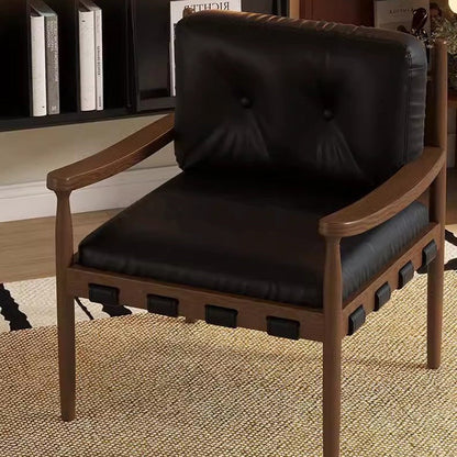 Traditional Vintage Square Rectangular Cat Scratch Leather Rubberwood Removable Accent Chair Backrest Armrest For Living Room