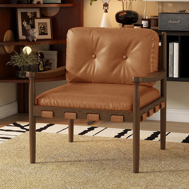Traditional Vintage Square Rectangular Cat Scratch Leather Rubberwood Removable Accent Chair Backrest Armrest For Living Room