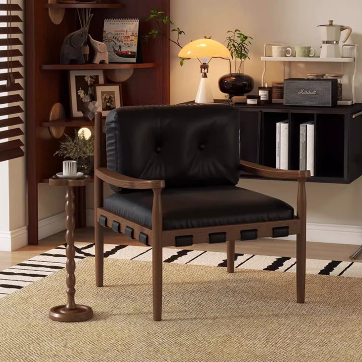 Traditional Vintage Square Rectangular Cat Scratch Leather Rubberwood Removable Accent Chair Backrest Armrest For Living Room