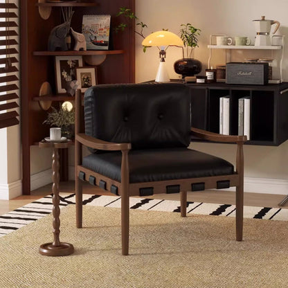 Traditional Vintage Square Rectangular Cat Scratch Leather Rubberwood Removable Accent Chair Backrest Armrest For Living Room