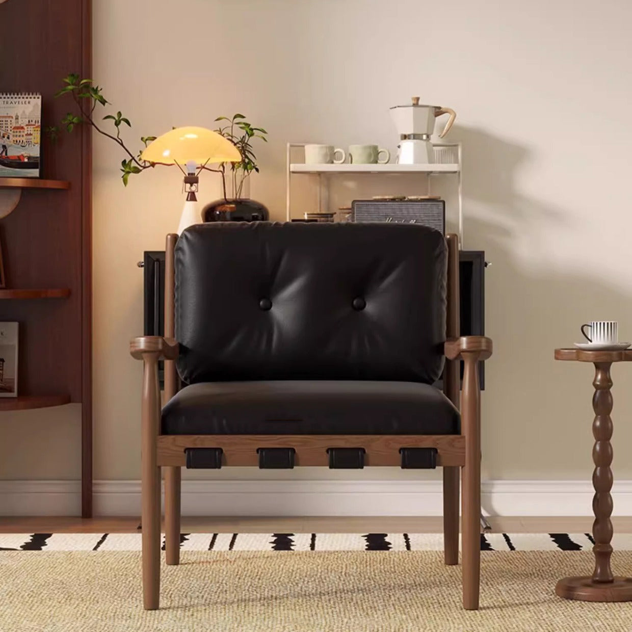 Traditional Vintage Square Rectangular Cat Scratch Leather Rubberwood Removable Accent Chair Backrest Armrest For Living Room
