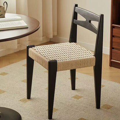Traditional Japanese Square Rectangular Rubberwood Kraft Paper Rope Weaving Dining Chair Backrest Armless For Dining Room & Kitchen