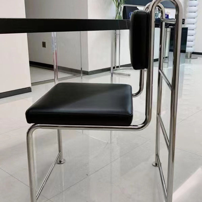 Modern Minimalist Square Rectangular Microfiber Leather Stainless Steel Dining Chair Backrest Armless For Dining Room & Kitchen