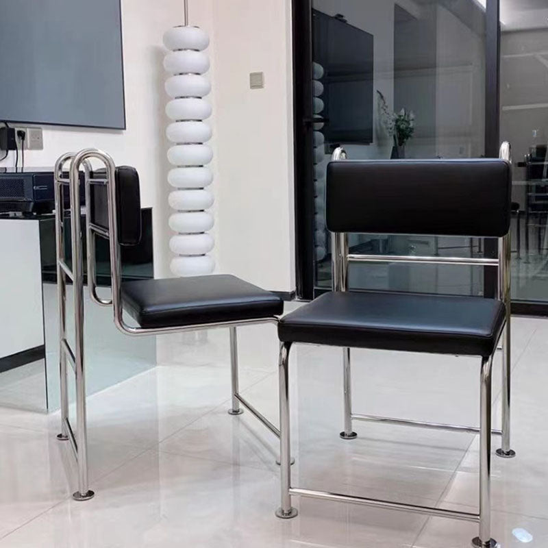 Modern Minimalist Square Rectangular Microfiber Leather Stainless Steel Dining Chair Backrest Armless For Dining Room & Kitchen
