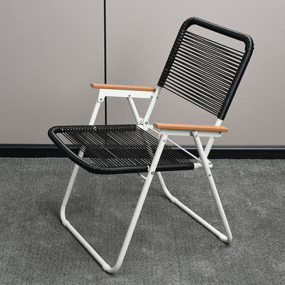 Modern Minimalist Square Rectangular PE Rattan Beech Wood Iron Pipe Weaving Foldable Camping Chair Backrest Armrest For Outdoor