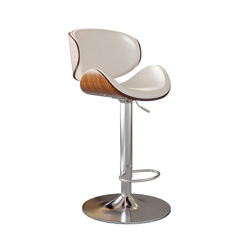 Modern Minimalist Round Curved Solid Wood Plywood Faux Nappa Leather Carbon Steel Swivel Height-adjustable Bar Stool Backrest Armless For Dining Room & Kitchen