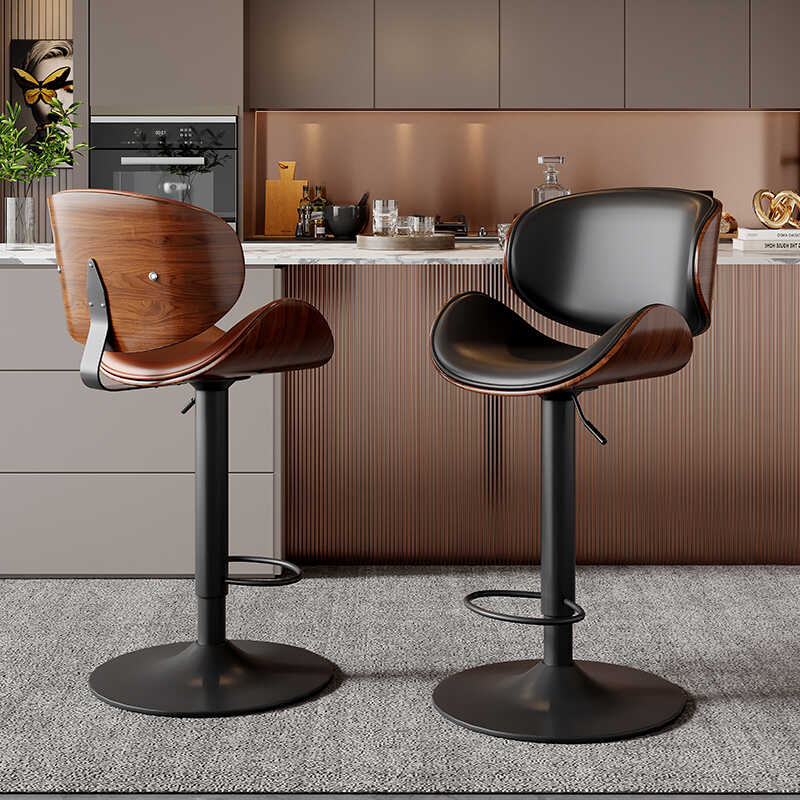 Modern Minimalist Round Curved Solid Wood Plywood Faux Nappa Leather Carbon Steel Swivel Height-adjustable Bar Stool Backrest Armless For Dining Room & Kitchen