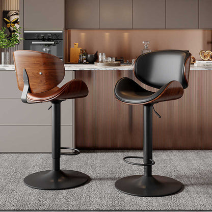 Modern Minimalist Round Curved Solid Wood Plywood Faux Nappa Leather Carbon Steel Swivel Height-adjustable Bar Stool Backrest Armless For Dining Room & Kitchen