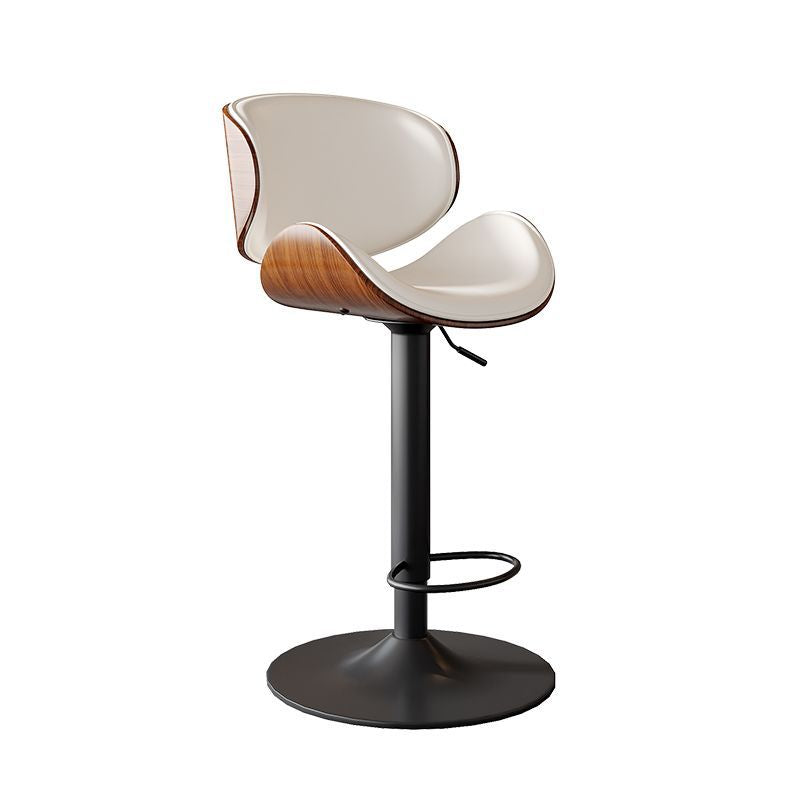 Modern Minimalist Round Curved Solid Wood Plywood Faux Nappa Leather Carbon Steel Swivel Height-adjustable Bar Stool Backrest Armless For Dining Room & Kitchen