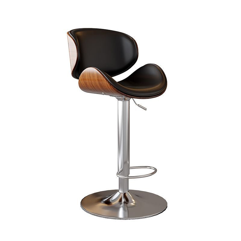 Modern Minimalist Round Curved Solid Wood Plywood Faux Nappa Leather Carbon Steel Swivel Height-adjustable Bar Stool Backrest Armless For Dining Room & Kitchen