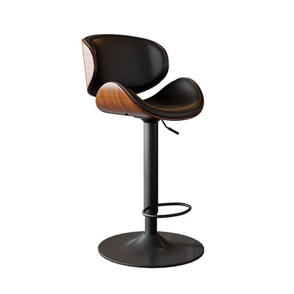 Modern Minimalist Round Curved Solid Wood Plywood Faux Nappa Leather Carbon Steel Swivel Height-adjustable Bar Stool Backrest Armless For Dining Room & Kitchen