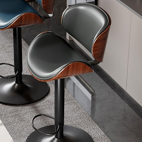 Modern Minimalist Round Curved Solid Wood Plywood Faux Nappa Leather Carbon Steel Swivel Height-adjustable Bar Stool Backrest Armless For Dining Room & Kitchen