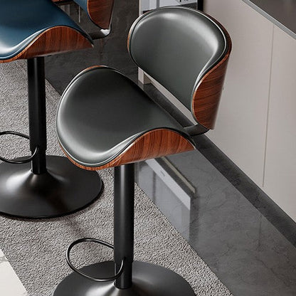 Modern Minimalist Round Curved Solid Wood Plywood Faux Nappa Leather Carbon Steel Swivel Height-adjustable Bar Stool Backrest Armless For Dining Room & Kitchen