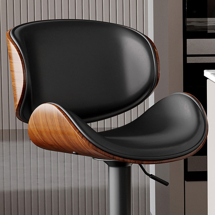 Modern Minimalist Round Curved Solid Wood Plywood Faux Nappa Leather Carbon Steel Swivel Height-adjustable Bar Stool Backrest Armless For Dining Room & Kitchen