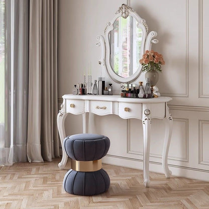 Modern Minimalist Round Velvet Solid Wood Titanium Gold Brushed Stainless Steel Vanity Stool Backless Armless For Bedroom