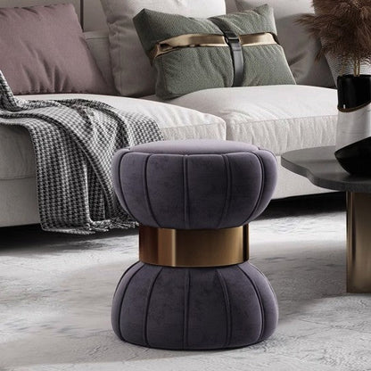 Modern Minimalist Round Velvet Solid Wood Titanium Gold Brushed Stainless Steel Vanity Stool Backless Armless For Bedroom