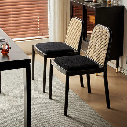 Modern Minimalist Square Rectangular Nappa Leather Lamb Fleece Rubberwood Weaving Dining Chair Backrest Armless For Dining Room & Kitchen