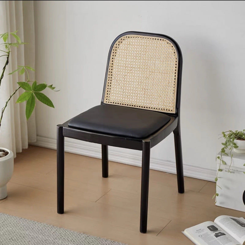 Modern Minimalist Square Rectangular Nappa Leather Lamb Fleece Rubberwood Weaving Dining Chair Backrest Armless For Dining Room & Kitchen