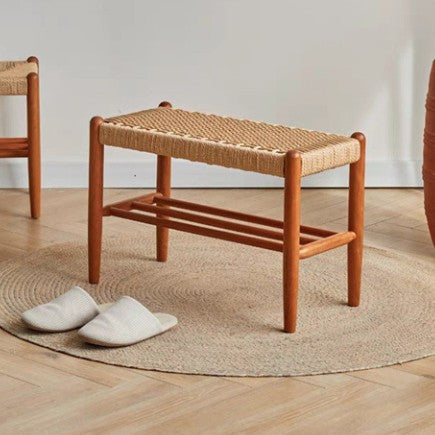 Traditional Japanese Rectangular Cowhide Braided Rope Cherry Wood Weaving Bench 2-Tier For Living Room