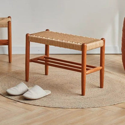 Traditional Japanese Rectangular Cowhide Braided Rope Cherry Wood Weaving Bench 2-Tier For Living Room