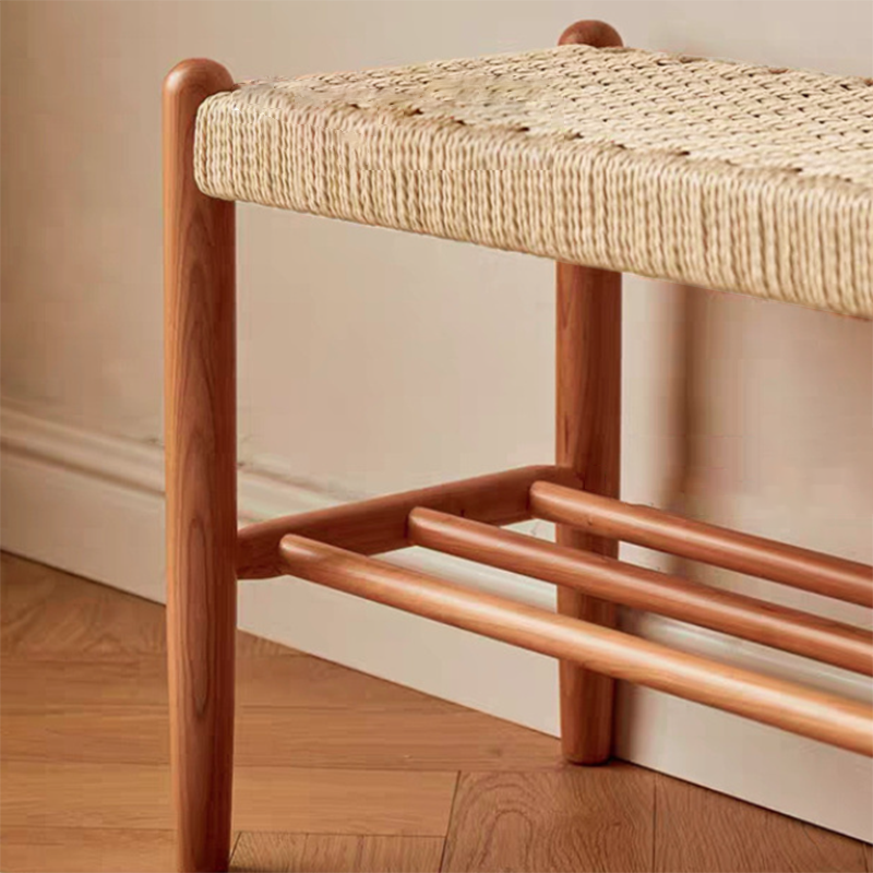 Traditional Japanese Rectangular Cowhide Braided Rope Cherry Wood Weaving Bench 2-Tier For Living Room