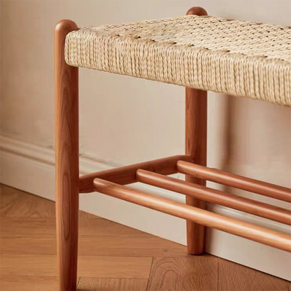 Traditional Japanese Rectangular Cowhide Braided Rope Cherry Wood Weaving Bench 2-Tier For Living Room
