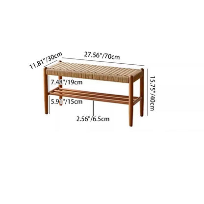 Traditional Japanese Rectangular Cowhide Braided Rope Cherry Wood Weaving Bench 2-Tier For Living Room