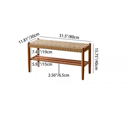 Traditional Japanese Rectangular Cowhide Braided Rope Cherry Wood Weaving Bench 2-Tier For Living Room