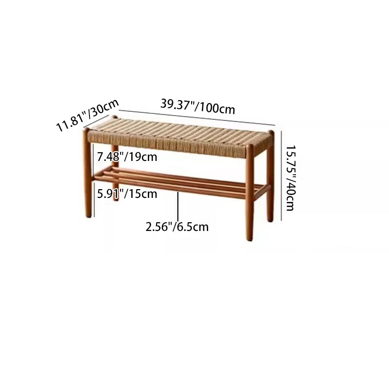 Traditional Japanese Rectangular Cowhide Braided Rope Cherry Wood Weaving Bench 2-Tier For Living Room