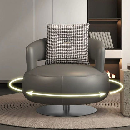 Contemporary Nordic Round Silicone Leather Carbon Steel Solid Wood 360°Swivel Accent Chair Backrest Armrest For Living Room