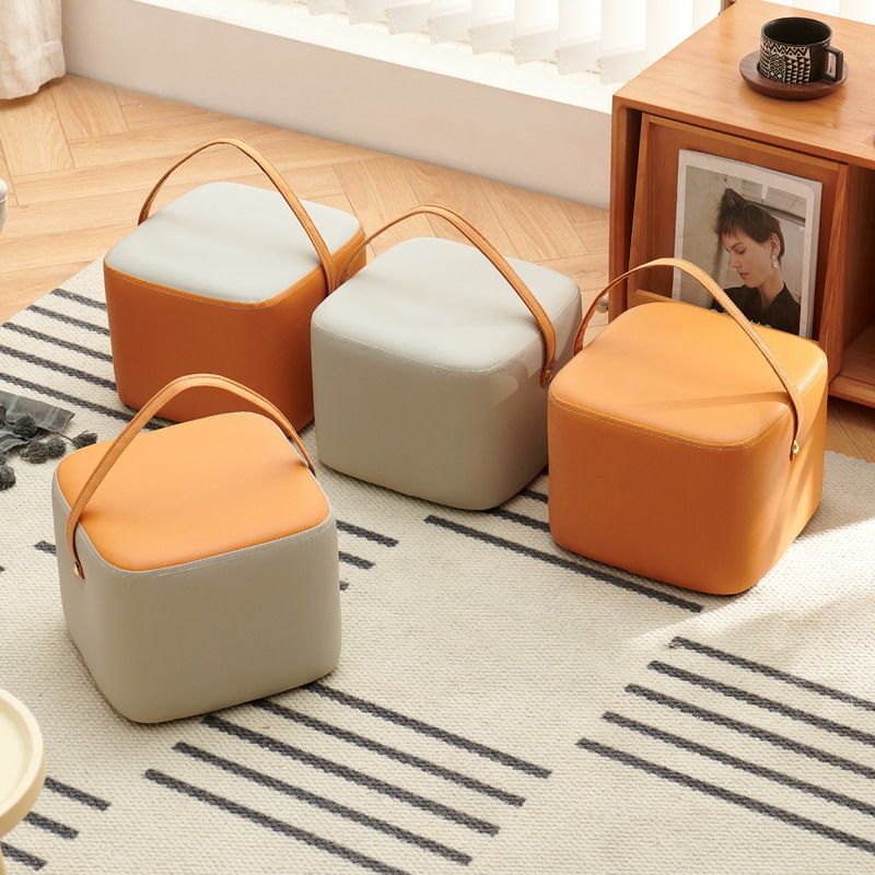 Modern Minimalist Square Solid Wood Plywood Synthetic Fabric Portable Stackable Low Stool For Living Room