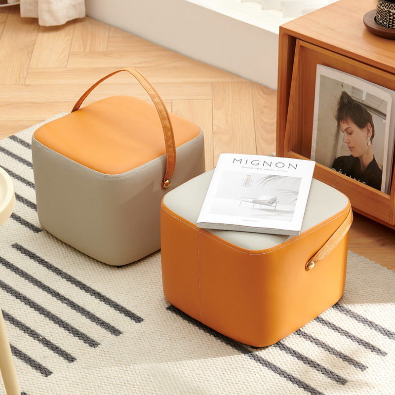 Modern Minimalist Square Solid Wood Plywood Synthetic Fabric Portable Stackable Low Stool For Living Room